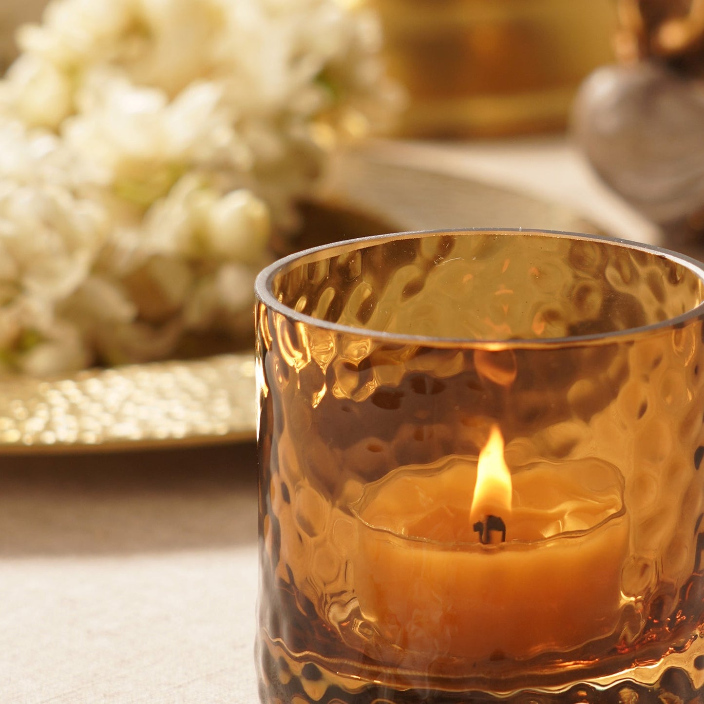 Set of 2 Amber Textured Glass Tealight Candle Holder