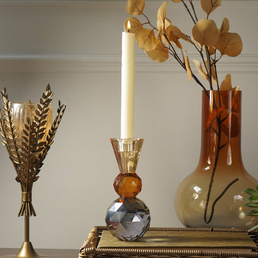 Grey 3 Tone Cut Glass Crystal Candle Holder